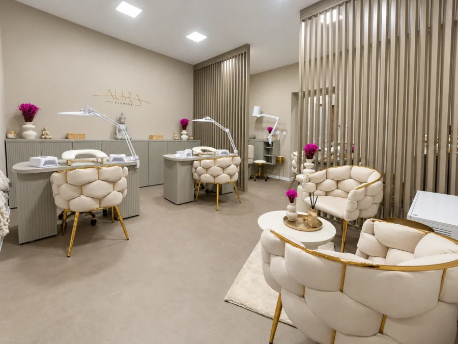 Interiér salonu Aura Studios: dvě manikérská pracoviště, zlaté logo na stěně a odpočinková zóna s krémovými křesly