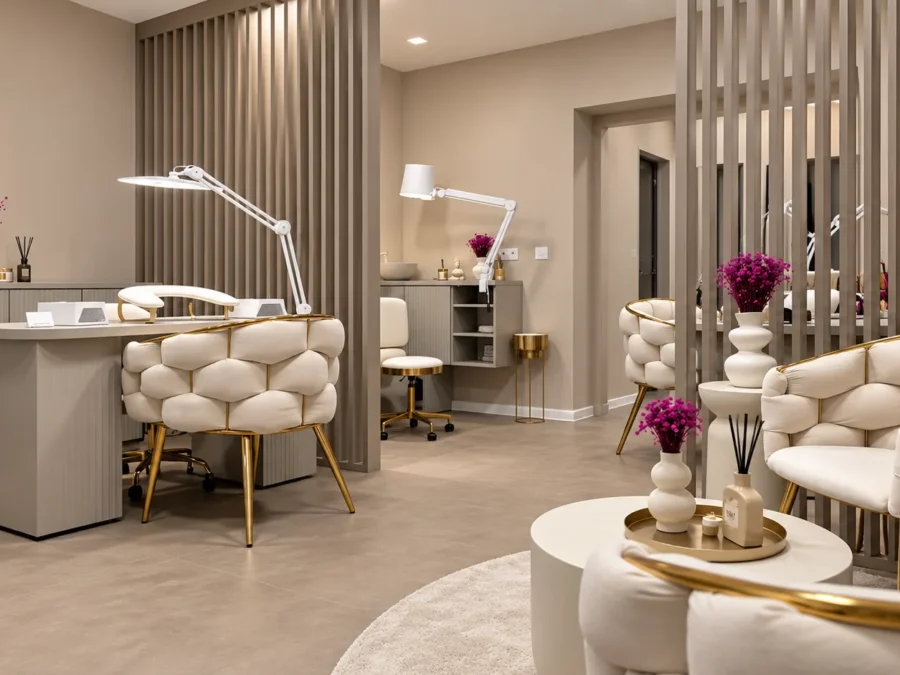 Interiér salonu Aura Studios: manikérské pracoviště u stěny z dřevěných lamel a posezení s krémovými křesly