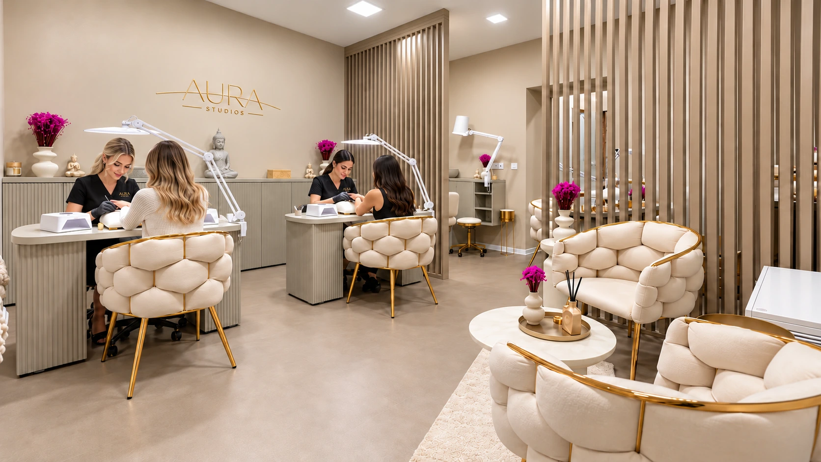 Manikérky při práci s klientkami v salonu Aura Studios